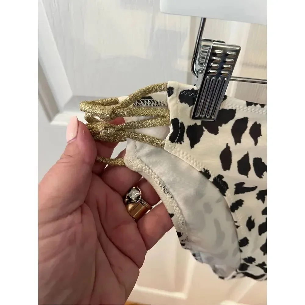 Aerie White & Black Snow Leopard Gold Side Bikini Set sz M NWT